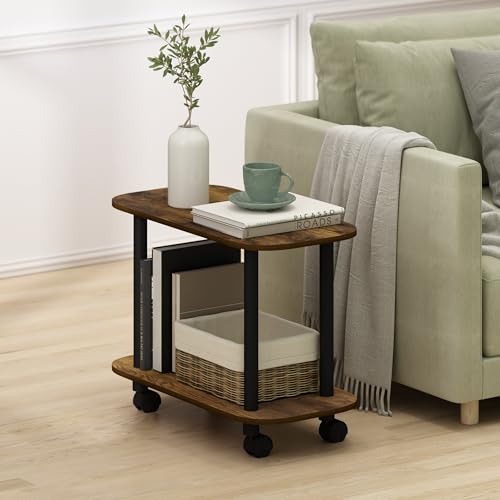 Furinno Turn-N-Tube Side Table, 2-Tier Oval Sofa End Table with Wheels, Toolless Assembly Night Stand, Bedside Table with Open Shelf, for Living Room, Bedroom, Amber Oak