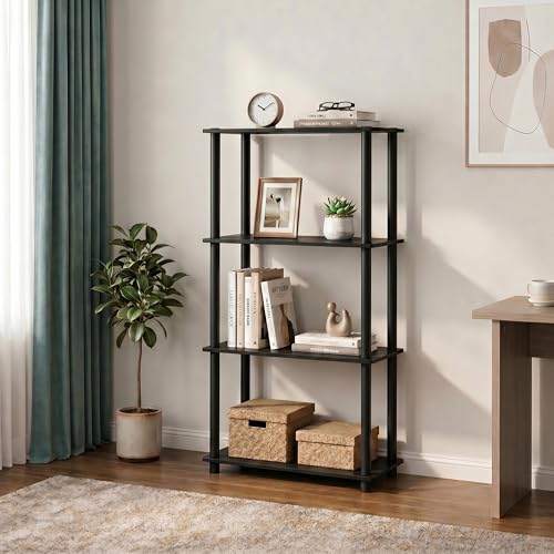 Furinno Turn-N-Tube Toolless Assembly Storage Shelves, 4-Tier Black Book Shelf, Open Storage Bookshelf, for Organization and Storage, Living Room, Home Office, Bedroom, Black Espresso