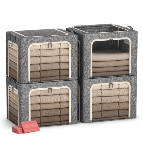 Furnhome 3-Side Access Clothes Storage Bins with Metal Frame, Foldable Fabric Storage Boxes with Cedar Block,Clear Windows, Zipper Lids and Reinforced Handles for Closet, 4Pack, 66L, Dark Grey