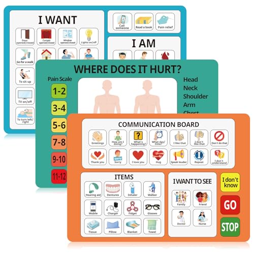 Fuyoooo 3 Pcs Communication Boards for Non Verbal Adults 11.81 x 8.27 Inches Colorful Picture Symbol Communication Cards Speech Therapy Tools for Autism Aphasia Stroke Patients Hospital Care Home Use