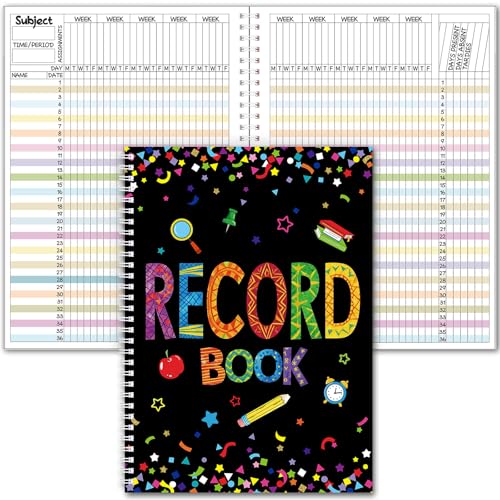 Fuyoooo Teacher Record Book Teacher Grade Books 2026-2027 Spiral Bound Record Planner 2026 Class Grade Book Office Favors for Classroom Attendance Decoration Double Sided(Black, Confetti)
