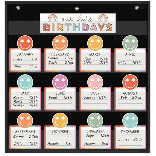 FYSUIMU Birthday Pocket Chart Boho Smile Face Month Cards Colorful Birthday Chart Calendars for Classroom Bulletin Board Chalkboard Wall Display