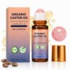 Galriva Organic Castor Oil Roll On with Rose Quartz Roller Ball, 100% Pure Cold Pressed Castor Oil, Hexane Free Amber Glass Bottle for Face, Skin and Body Care