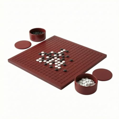 Game Set Composite Board Game Wooden Strategy Board Tabletop Game Stones Round Storage Jar Lid Suitable for Family Gatherings Tea Tables, 42 42 8cm, MDF Go Set with Storage Bowls