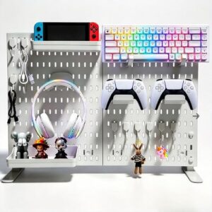 Gaming Desk Organizer, No-Drill Freestanding Desk Pegboard with Headphone Stand, Controller Holder, Keyboard Stand & Shelves, 5-in-1 Gaming Setup Accessories for Dorm Room & Home Office, White