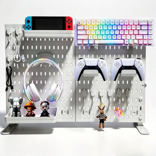 Gaming Desk Organizer, No-Drill Freestanding Desk Pegboard with Headphone Stand, Controller Holder, Keyboard Stand & Shelves, 5-in-1 Gaming Setup Accessories for Dorm Room & Home Office, White