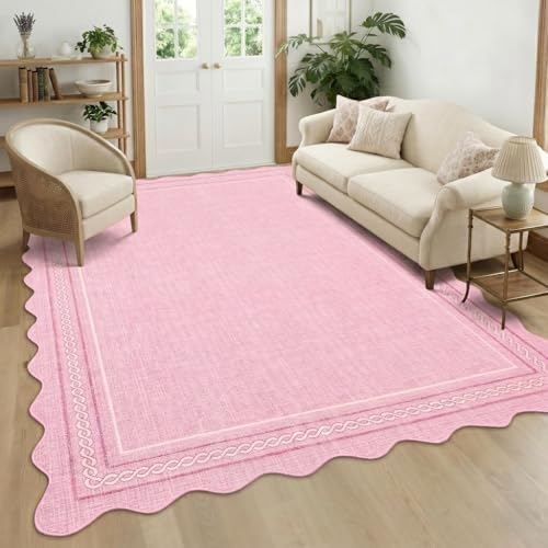 Garvee Scalloped Washable 8x10 Rugs for Living Room Non Slip Throw Rugs Large Bedroom Rug Modern Low Pile Non Shedding Stain Resistant Carpet for Dining Room Office Classroom, 8'x10' Pink