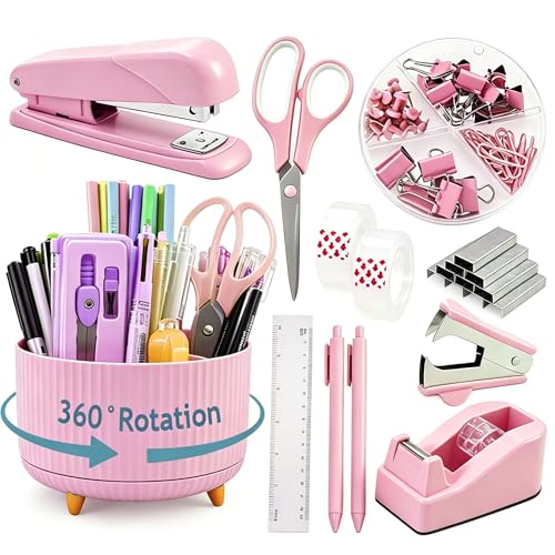 Gawsey Pink Desk Organizers and Accessories with Desk Organizer 360° Rotating Pen Holder and Office Supplies, Cute Stationery Supplies Set