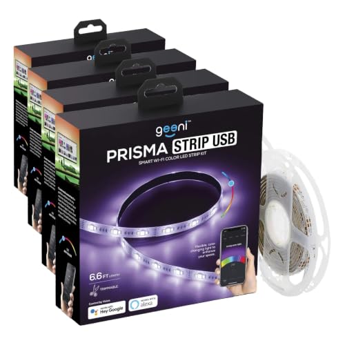 Geeni Prisma Strip-USB – Smart Wi-Fi LED Light Strip Kit for Indoor & Outdoor – Dimmable & Trimmable LED Strip Lights Compatible with Alexa & Google Home – 2m/6.6ft (Pack of 4)