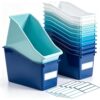 Geetery 12 Pcs Book Bin for Classroom with Labels Stackable Plastic Organizing Bins 11.5 x 5.4 x 7.5 in Book Holders Storage Bins Box Baskets for Classroom Library Home (Blue Color Scheme)