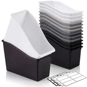 Geetery 12 Pcs Book Bin for Classroom with Labels Stackable Plastic Organizing Bins 11.5 x 5.4 x 7.5 in Book Holders Storage Bins Box Baskets for Classroom Library Home (Simple Color)