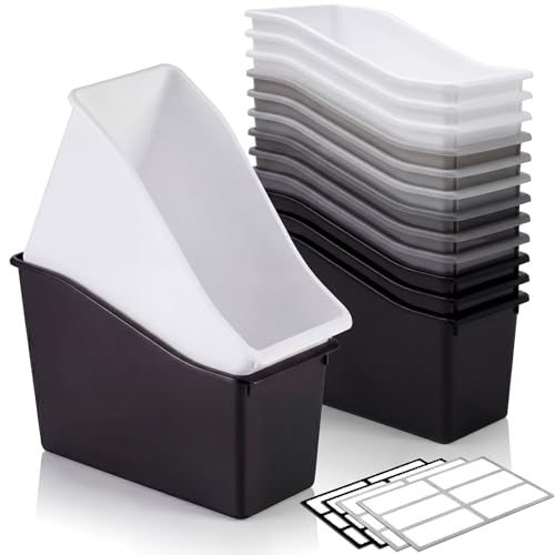 Geetery 12 Pcs Book Bin for Classroom with Labels Stackable Plastic Organizing Bins 11.5 x 5.4 x 7.5 in Book Holders Storage Bins Box Baskets for Classroom Library Home (Simple Color)