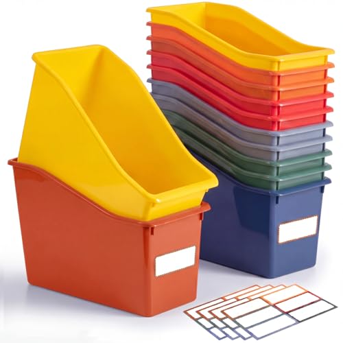 Geetery 12 Pcs Book Bin for Classroom with Labels Stackable Plastic Organizing Bins 11.5 x 5.4 x 7.5 in Book Holders Storage Bins Box Baskets for Classroom Library Home (Earth Tones)
