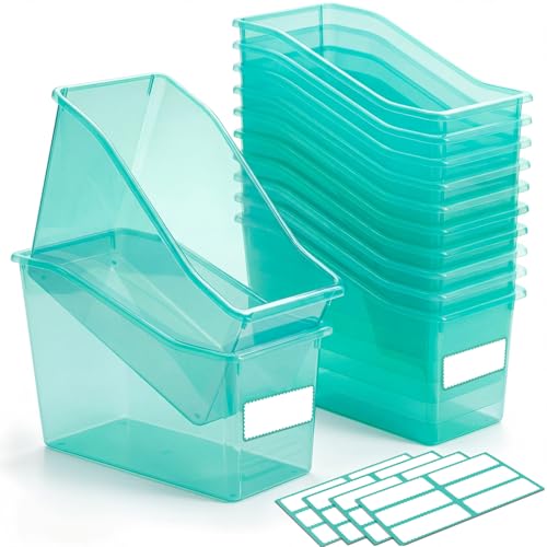 Geetery 24 Pcs Book Bin for Classroom with Labels Stackable Plastic Organizing Bins 11.5 x 5.4 x 7.5 in Book Holders Storage Bins Box Baskets for Classroom Library Home (Blue-Green)