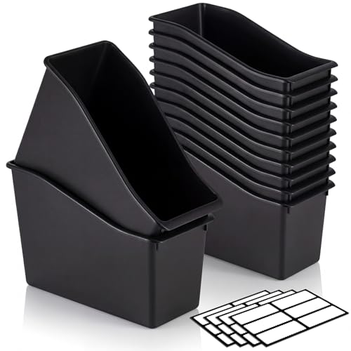 Geetery 6 Pcs Book Bin for Classroom with Labels Stackable Plastic Organizing Bins 11.5 x 5.4 x 7.5 in Book Holders Storage Bins Box Baskets for Classroom Library Home (Black)