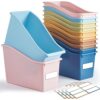 Geetery 6 Pcs Book Bin for Classroom with Labels Stackable Plastic Organizing Bins 11.5 x 5.4 x 7.5 in Book Holders Storage Bins Box Baskets for Classroom Library Home (Boho Color)