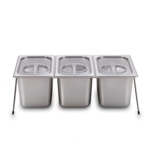 Generic Commercial Ingredient Tray Six Compartment Serving and Storage Organizer with Stainless Steel Support Rack and Transparent PC Covers Suitable for, 3 Grids 15cm + 16cm Stand + PC Closed Lid
