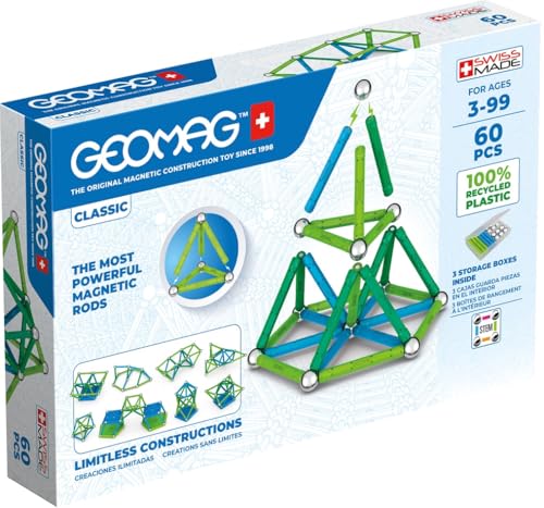 Geomag Classic Magnetic Toys for Kids Ages 8+, 60pc Educational STEM Magnets for Kids - Swiss-Made Magnetic Blocks, Tiles and Building Toys from 100% Recycled Plastic