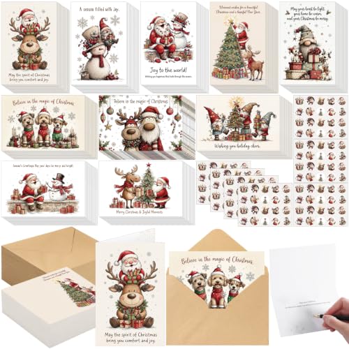 Gersoniel 150 Set Christmas Cards with Envelopes and Stickers Xmas Holiday Santa Claus Cards Bulk Reindeer Merry Christmas Gift for Xams Holiday Greetings School Activities Party Supplies