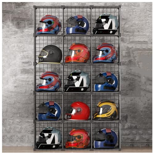 GFSGHZZ Freestanding Mobile Storage Rack - Tool Pegboard Garage Organizer, Motorcycle Helmet Stand, Stackable Cap Box, Metal Bike Helmet Holder, Wire Grid Display Bins,15 Grids