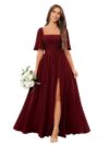 Ggfhis Chiffon Plus Size Bridesmaid Dresses Slit Flutter Sleeve Square Neck Formal Dress for Women Burgundy Size 17