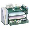 gianotter Wood Desk Organizers and Accessories with File Holder, 4-Tier Desk Accessories & Workspace Organizers with Drawer and 2 Pen Holder, Desk Reference Organizer (Green, 4T with Metal Drawer)