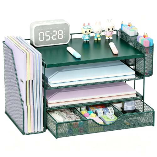 gianotter Wood Desk Organizers and Accessories with File Holder, 4-Tier Desk Accessories & Workspace Organizers with Drawer and 2 Pen Holder, Desk Reference Organizer (Green, 4T with Metal Drawer)