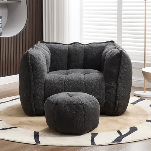 Giant Bean Bag Chair for Adults with Armrests &Ottoman, Oversized Bean Bag Lounge Chair with Footstool for Living Room, Bedroom, Comfy Beanbag Floor Sofa Chair for Gaming, Napping