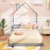 GIANTEX Twin Floor Bed for Kids, Wood Montessori Bed with Chimney Headboard, Without Slats, House Floor Beds Frame for Boys, Girls, Grey