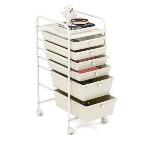 GiantexUK 4/6/12 Drawers Storage Trolley, Multipurpose Utility Rolling Cart on Wheels, Plastic Shelving Organizer Unit for Home Office Hairdressing Salon (Cream White, 6 Drawers)
