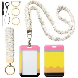 Gilprop 3 Pcs Teacher Scrunchie Lanyards Keychain Wristlet Teacher Back to School Gifts Pencil Lanyard with ID Badge Holder for Women Office