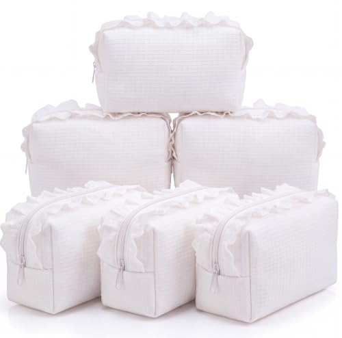 Gilprop 6pcs Ruffle Waffle Makeup Bag Bulk Lace Trimmed Cosmetic Bag Large Travel Toiletry Organizer Portable Preppy Storage Pouch with Zipper for Women Wedding Bridesmaid Birthday Gift (White)