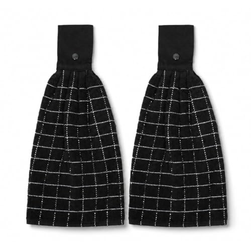 Gingham Buffalo Check Hanging Kitchen Towels Black Cotton Terrycloth Set of 2 Hand Dish Cloth with Button Accent 9x17 Inches Hand Towel Absorbent, Super Soft, and Fast Drying Home Essential