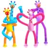 Giraffe Sensory Travel Toys 4Pcs for Road Trip Car Ride Airplane Toddler Girl Year Old Ages 3 4 5 6 7 8, Suction Autism Pop Tube Fidget Toy Autistic Valentines Day Stocking Easter Basket Stuffer Gift