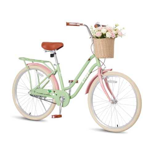 Girls 20 24 Inch Bike with Basket, Kids Bike for Ages 7-12,Single Speed Pink Girls Beach Cruiser Bike, Front & Rear Handbrakes, Kids' Bicycle for Beginner Level Riders Outdoor Sport (Green-24inch)