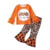 Girls Halloween Two Piece Set Printed Long Sleeve Top Pants（Orange,6 Y)