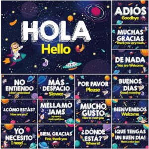 gisgfim 16 Pcs Spanish Words and Phrases Poster Set Spanish Phrases Bulletin Board Study Spanish Classroom Decoration for Teachers Preschool School Classroom Language Educational Decor(Outer Space)