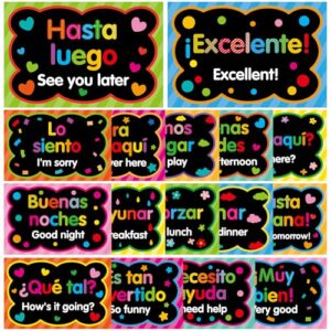 gisgfim 16 Pcs Spanish Words & Phrases Poster Set - Bulletin Board Study Materials for Teachers & Preschool Classroom Decor