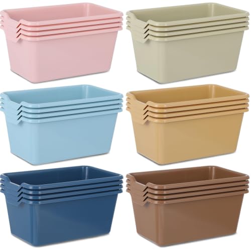 gisgfim 24 Pack Plastic Cubby Bins Classroom Book Bins Scoop Front Stackable Easy-to-Grip Toy Storage Tubs Containers for School Library Office Home Nursery Playroom Organization (Retro Color)
