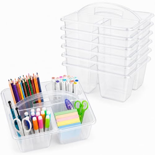 gisgfim 6 Pack Plastic Classroom Caddy with 4-Compartments Plastic Storage Caddies with Handle 4 Compartments Table Caddy Organizer Versatile Table Caddies for Classroom Office, Clear Color
