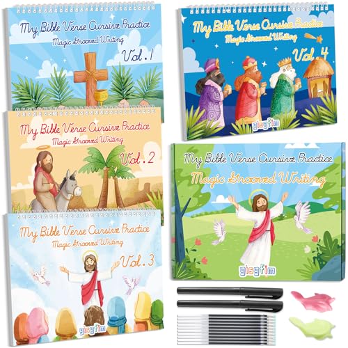 gisgfim Bible Magic Grooved Writing Practice Books for Kids Reusable Grooved Handwriting Workbooks for Kids Ages 3-8 Tracing Bible Magic Copybooks for Christian Sunday School Gifts Prizes(Cursive)
