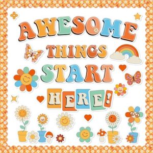 gisgfim Groovy Hippie Classroom Bulletin Board Decoration Set Welcome Banner Wall Door Decor for Kindergarten Preschool Elementary Middle School(Awesome Things Start Here!)