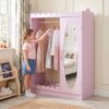 GLACER Kids Dress Up Storage with Full Length Mirror, Pine Wood