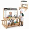 GLACER Mud Kitchen, 2 in 1 Outdoor Play Kitchen with Bench, Chalkboard