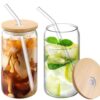Glass Cups Set of 2 with Bamboo Lids and Glass Straws, 500ml