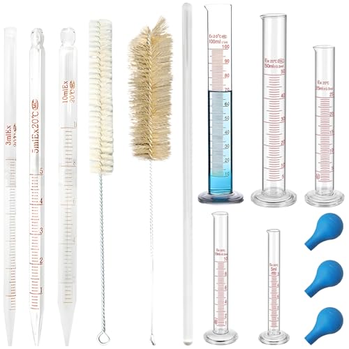 Glass Graduated Measuring Cylinders Set, 5 Sizes with Droppers, Silicone Bulbs, Stirring Rod and Cleaning Brushes, 5 ml, 10 ml, 25 ml, 50 ml and 100 ml for Laboratory Experiments