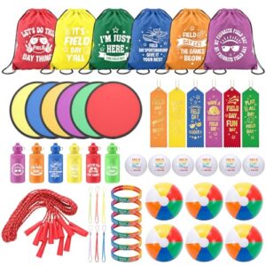 Glimin 48 Pcs Back to School Games Set, Included Sport Drawstring Backpacks Award Ribbons Water Bottles Beach Ball Flying Disk Bracelet Jump Ropes for Group Activities Summer Camp Party Favors