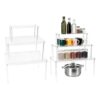 GLOBLELAND 6 Pcs 3 Sizes Clear Acrylic Cabinet Storage Risers Stackable Shelf Organizer Set Display Stand Acrylic Storage Risers for Kitchen Pantry Bathroom Vanity Office Desk