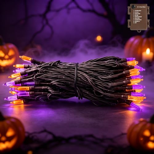 GLOWNOVA Orange & Purple 18Ft 50 LED Halloween Mini String Lights, Twinkle Battery Operated Lights with Timer & 8 Modes, Brown Wire Holiday Decor for Indoor Outdoor Garden Patio Party