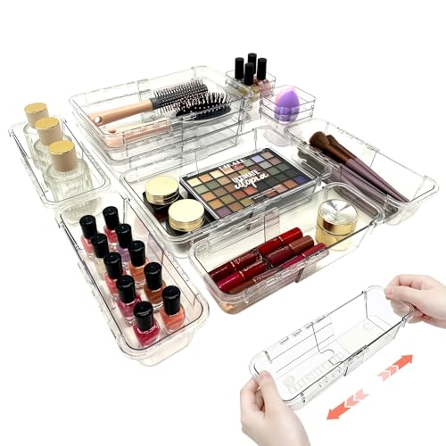 Glowspire 14 PCS Adjustable Clear Drawer Organizer Set - 3-Size Acrylic Storage Boxes for Makeup, Stationery, Kitchen Utensils, Tools & Bedroom Dresser Organization